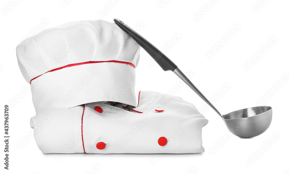 Chefs uniform with ladle on white background