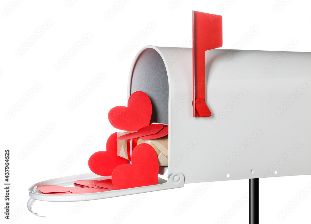 Mail box with gift and red hearts on white background