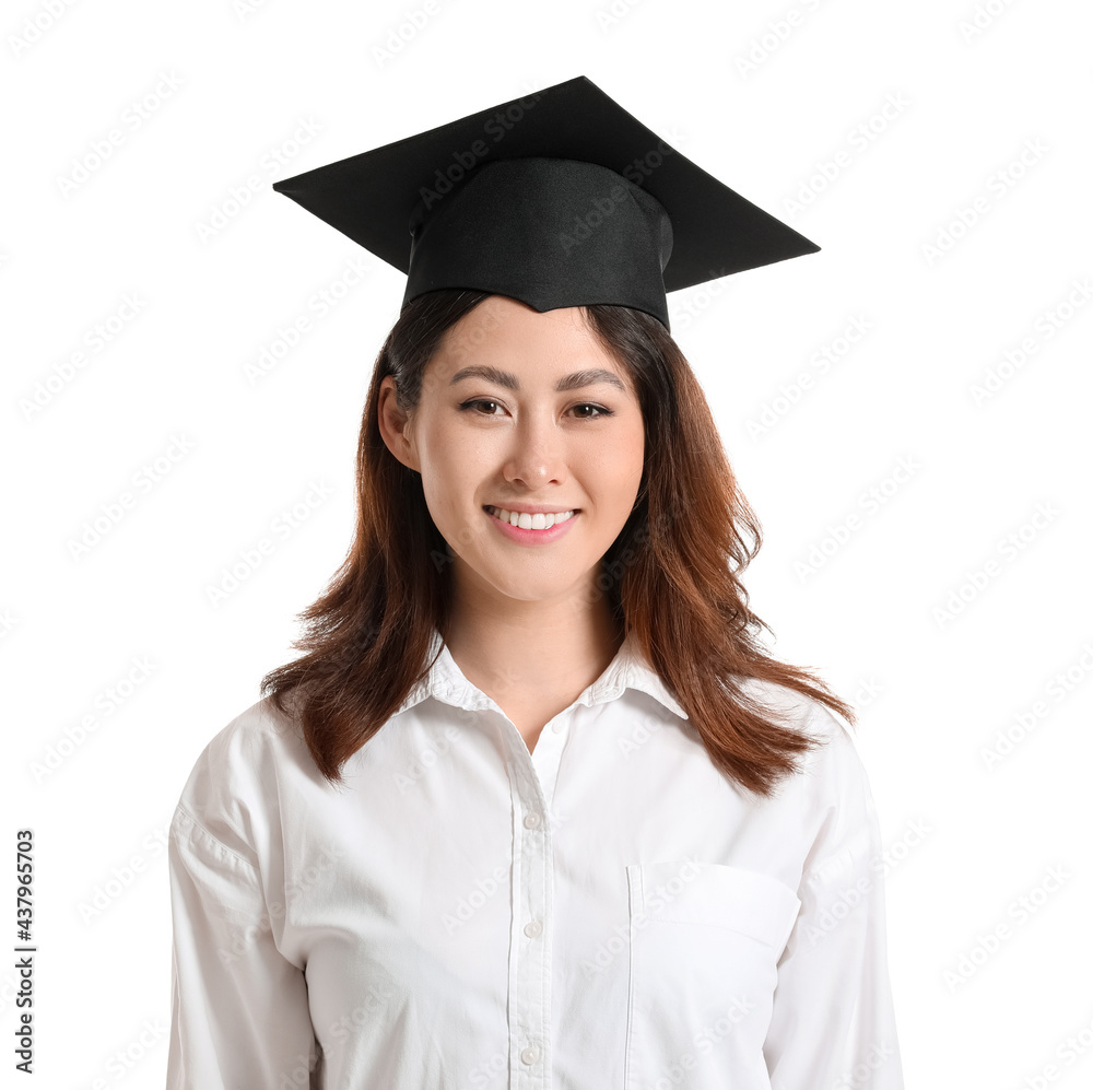 Female graduating student on white background