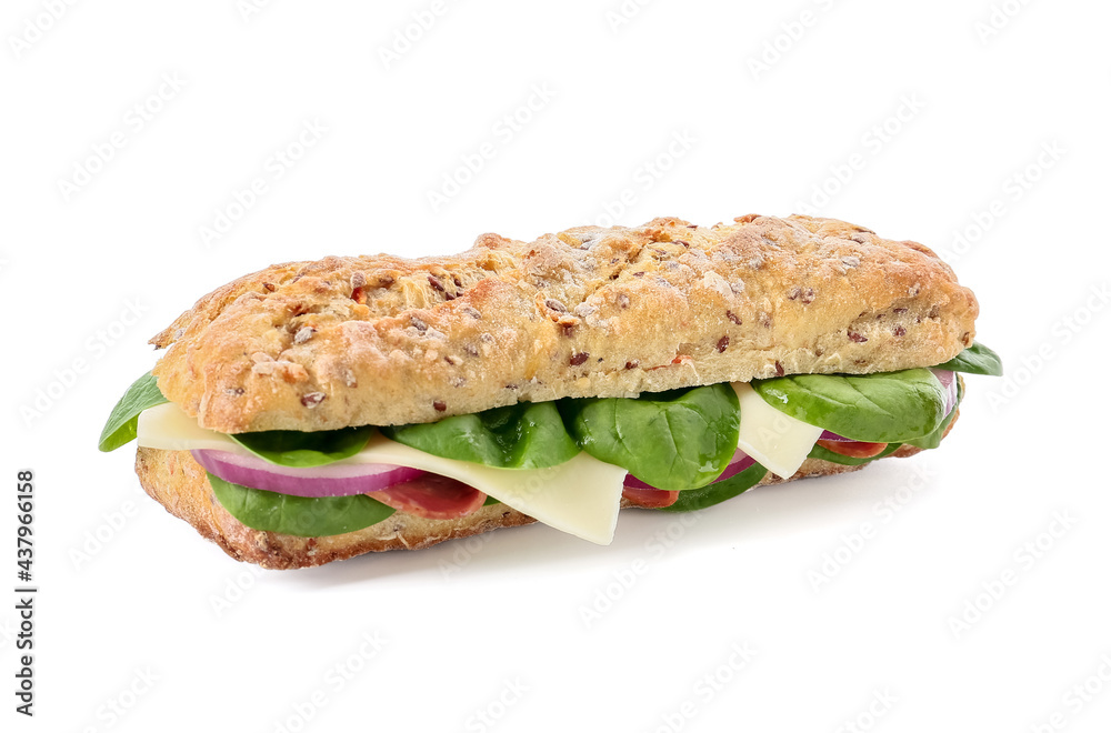 Tasty ciabatta sandwich on white background