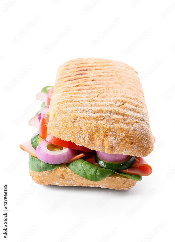 Tasty ciabatta sandwich on white background