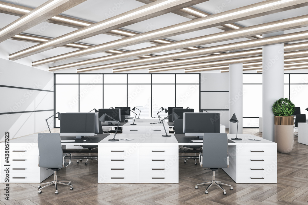 White coworking office interior with daylight, wooden floor, window with city view and furniture. 3D