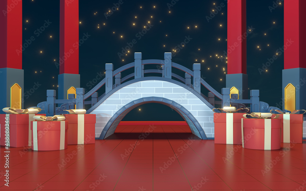 Chinese style bridge with starry stars background, 3d rendering.