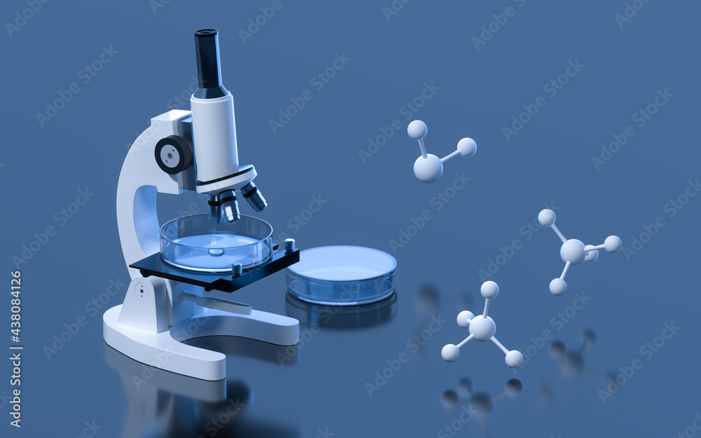 Glassware and microscope in the laboratory, 3d rendering.