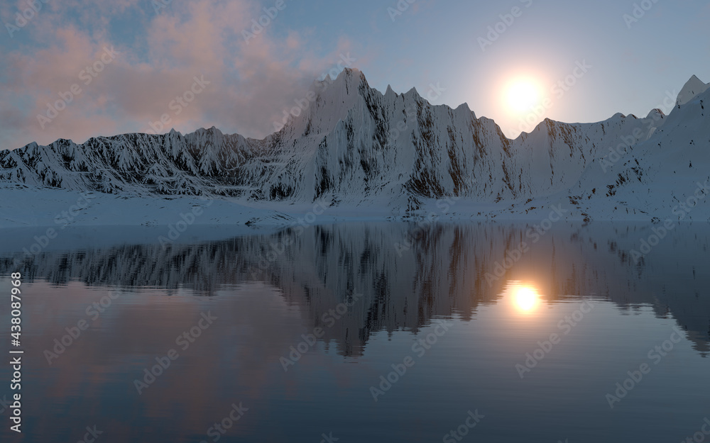 雪山背景，三维渲染。