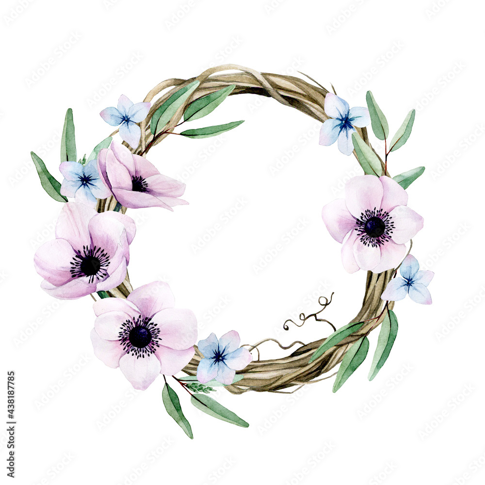 watercolor drawing wreath of twigs, anemone flowers, hydrangea and eucalyptus leaves isolated on whi