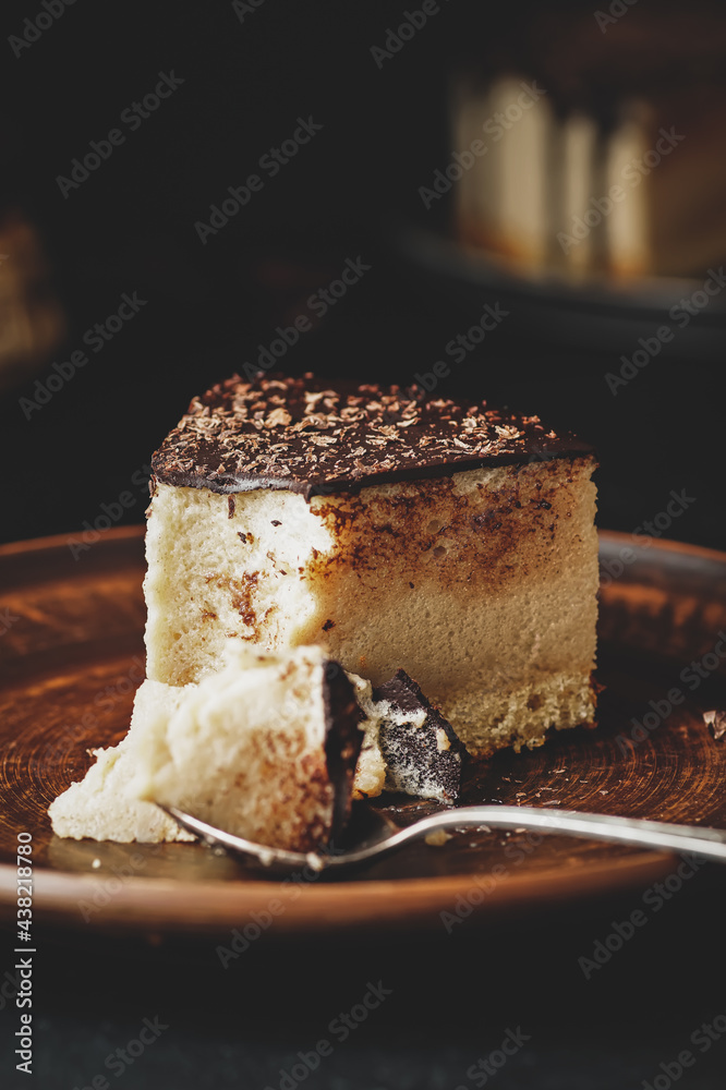 Souffle cake with chocolate icing, food photo.