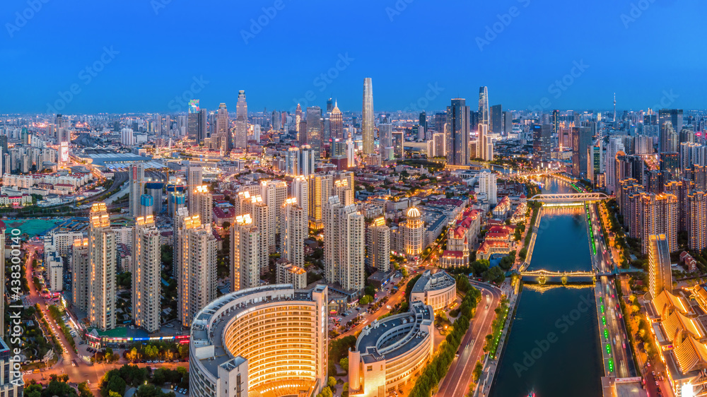 Aerial photography of Tianjin city building skyline night view