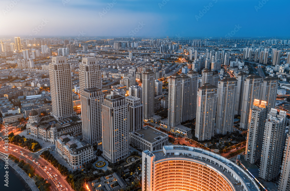 天津城市建筑天际线夜景航拍