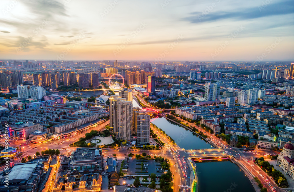 天津城市建筑天际线夜景航拍