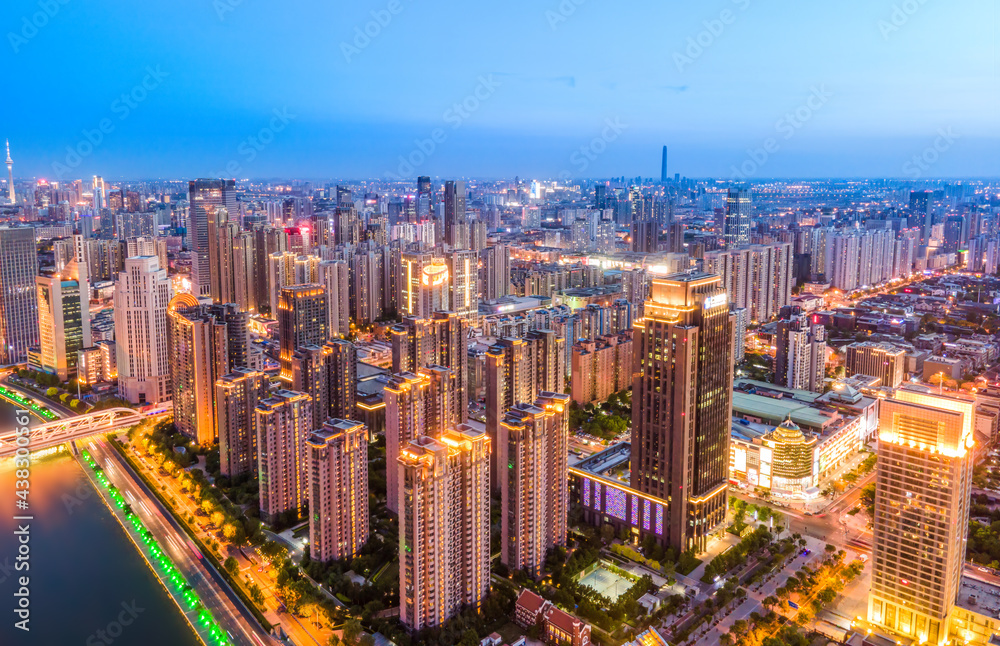 Aerial photography of Tianjin city building skyline night view