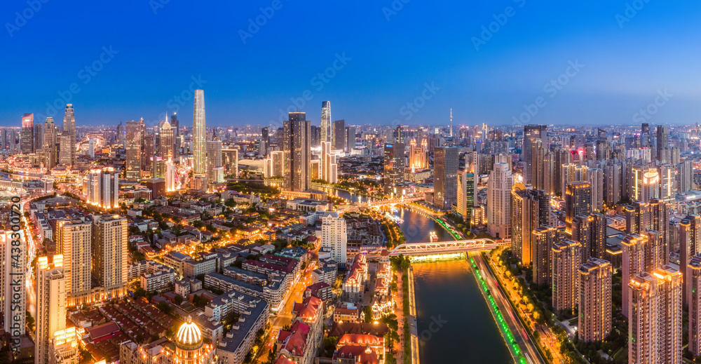 Aerial photography of Tianjin city building skyline night view