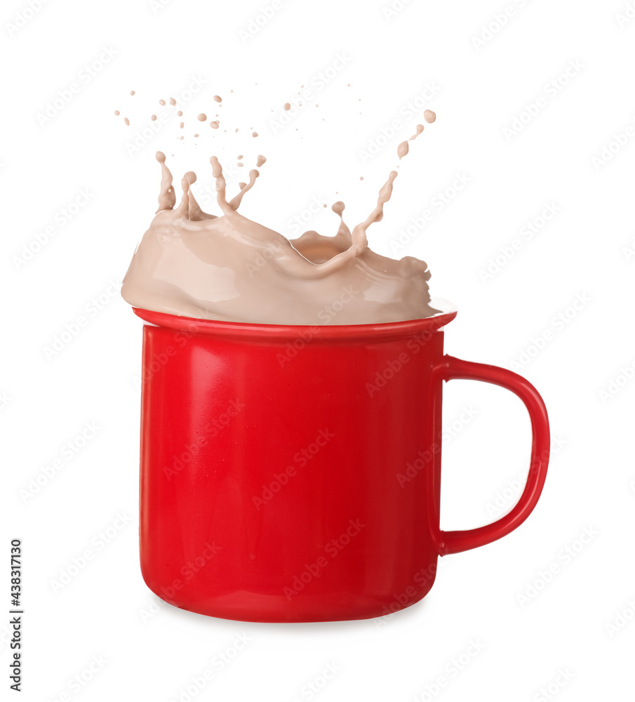 Cup of cocoa drink with splash on white background