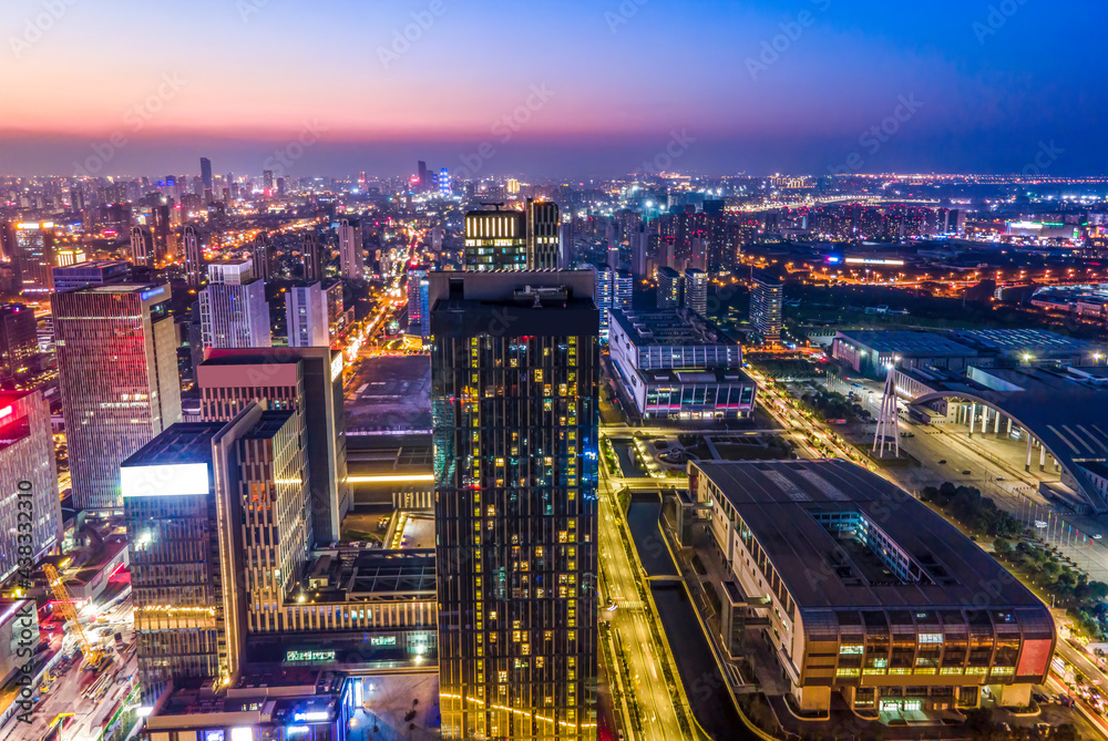 浙江宁波城市建筑天际线夜景航拍