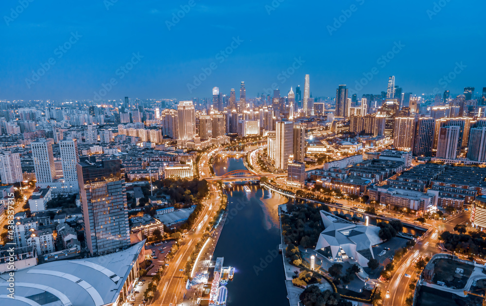 天津城市建筑天际线夜景航拍