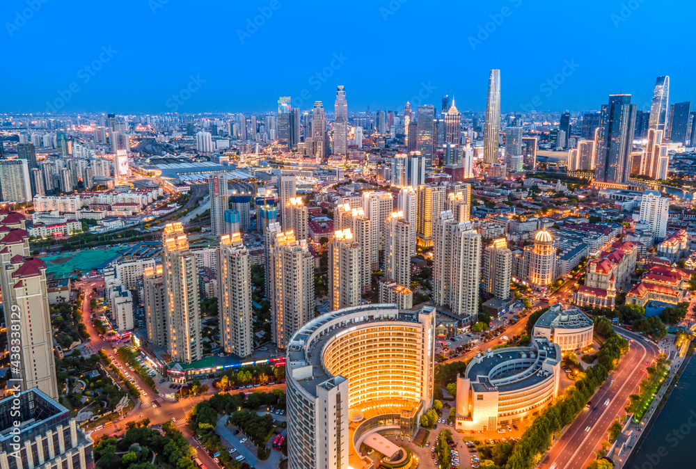 天津城市建筑天际线夜景航拍