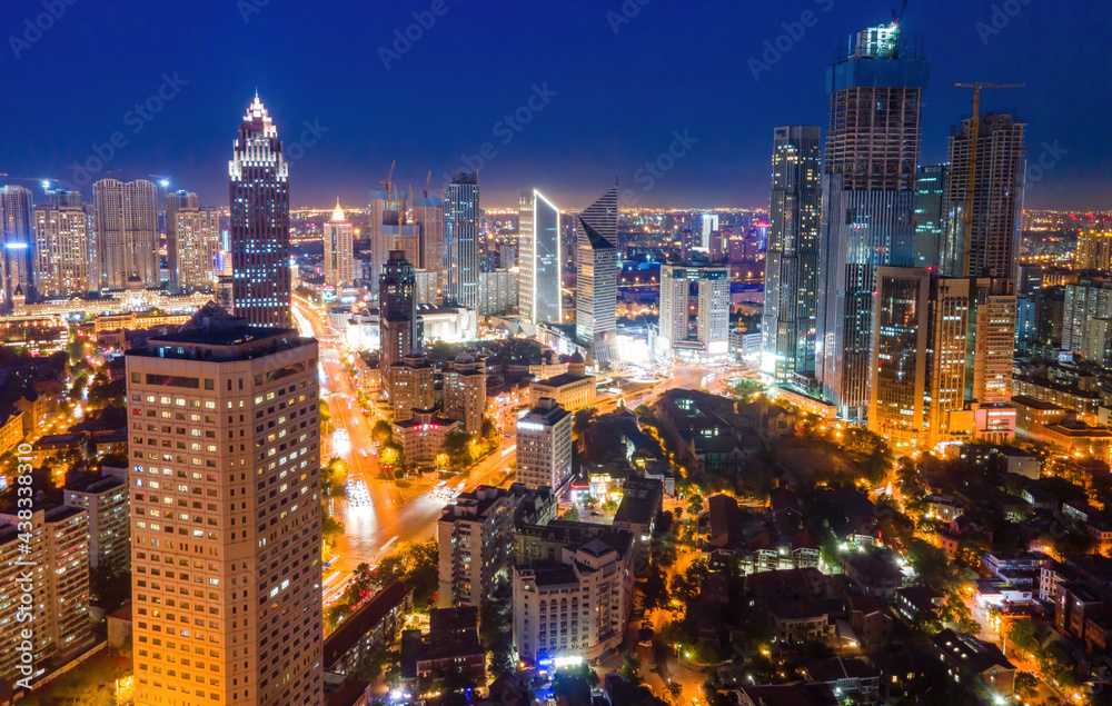 天津城市建筑天际线夜景航拍