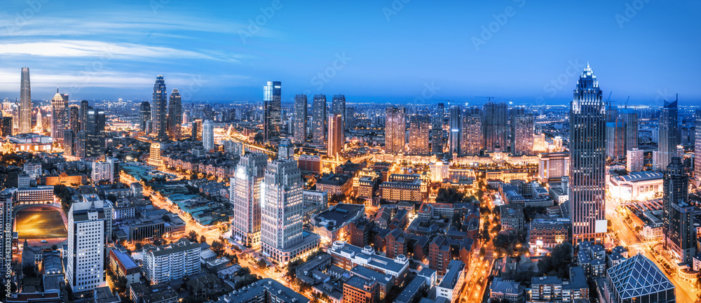 天津城市建筑天际线夜景航拍