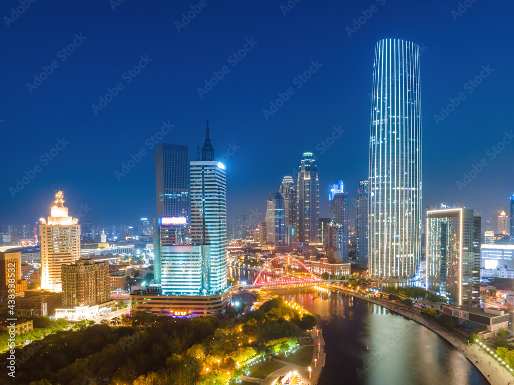 Aerial photography of Tianjin city building skyline night view