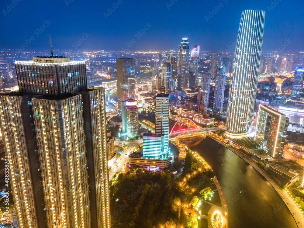 天津城市建筑天际线夜景航拍