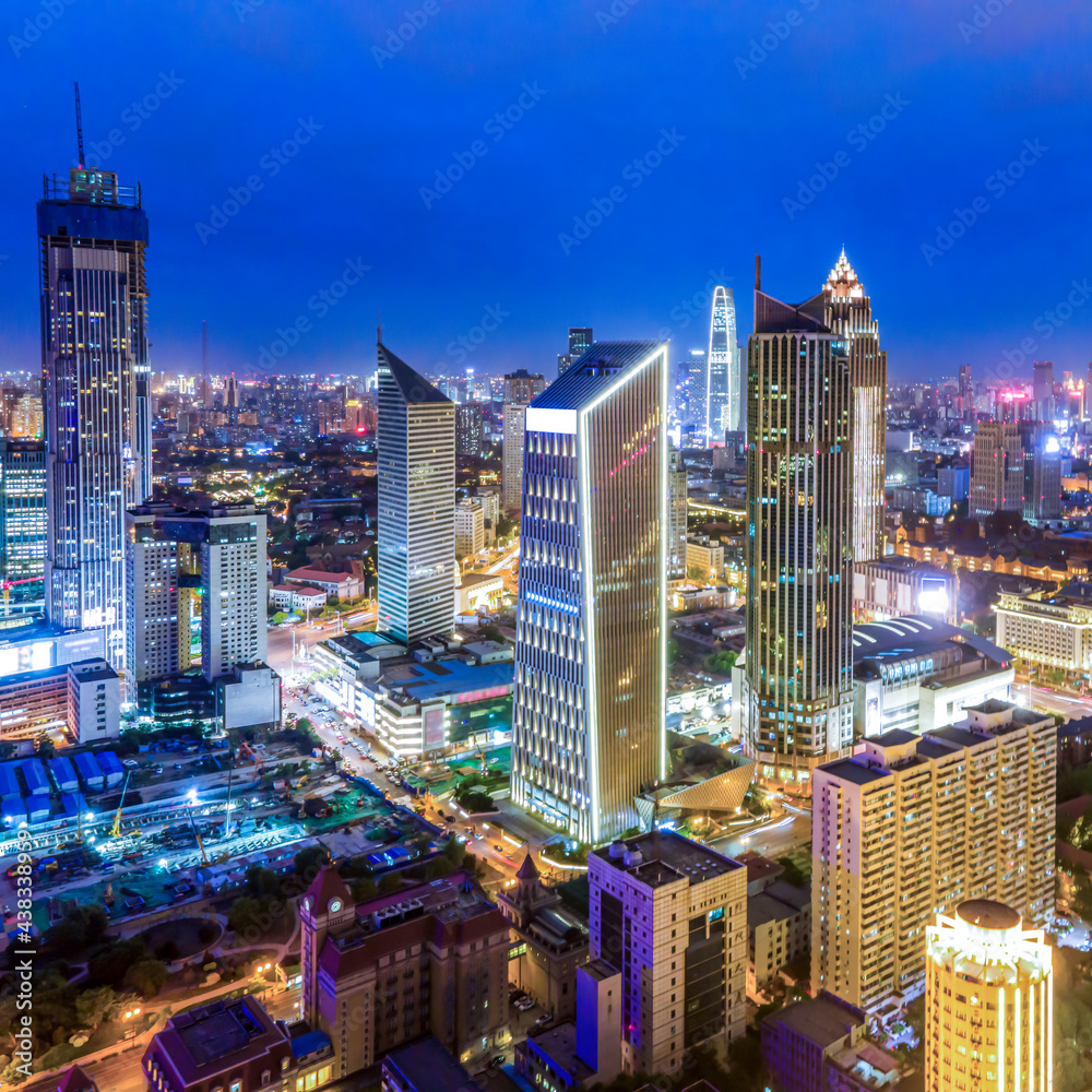 Aerial photography of Tianjin city building skyline night view