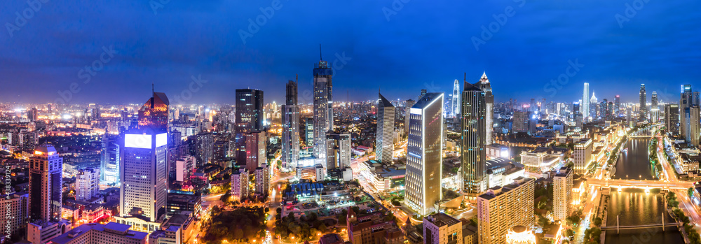 天津城市建筑天际线夜景航拍