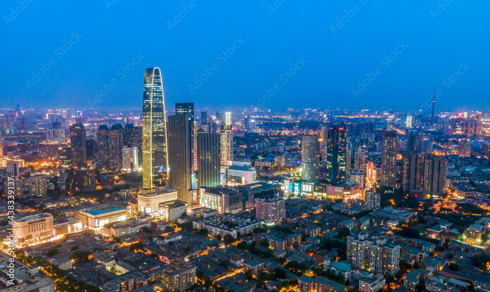 天津城市建筑天际线夜景航拍