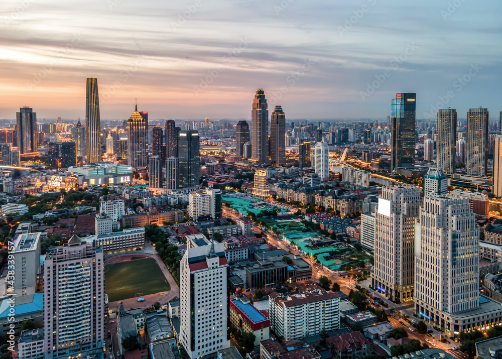 天津城市建筑天际线夜景航拍