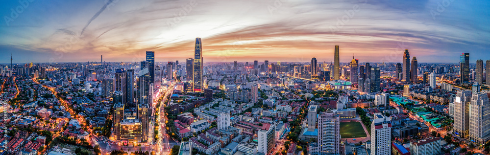 天津城市建筑天际线夜景航拍