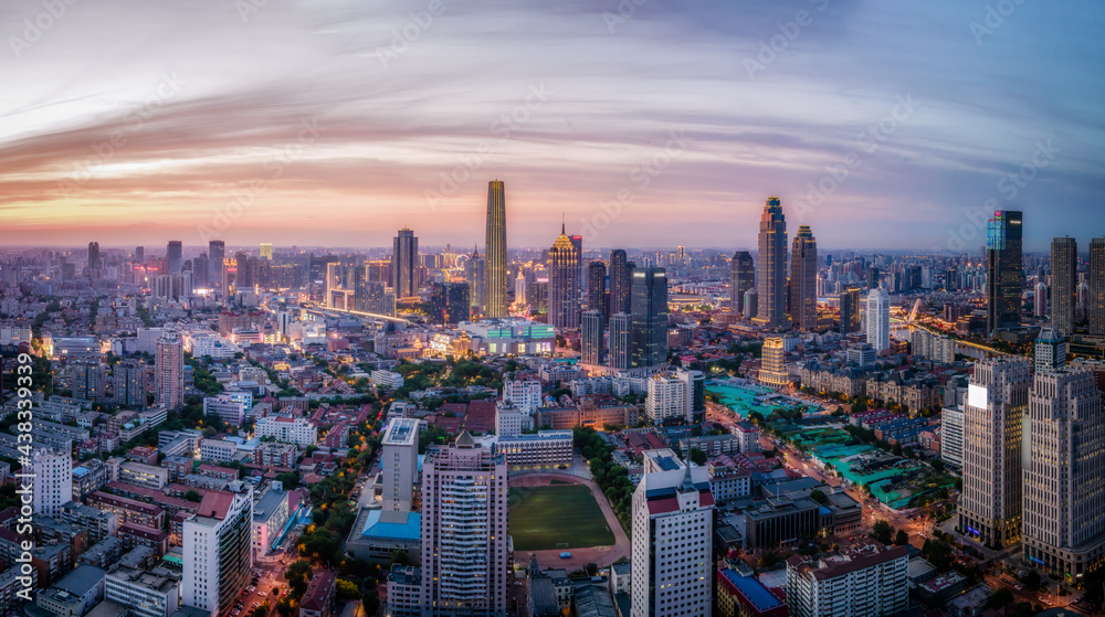 Aerial photography of Tianjin city building skyline night view