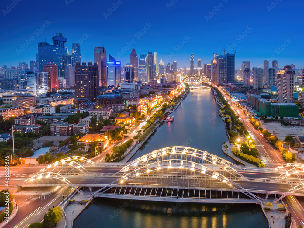 天津城市建筑天际线夜景航拍