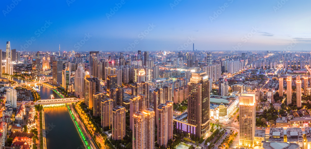 Aerial photography of Tianjin city building skyline night view