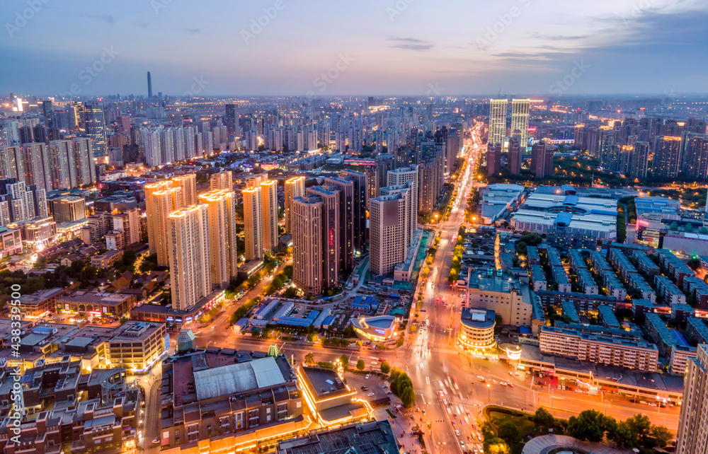 天津城市建筑天际线夜景航拍