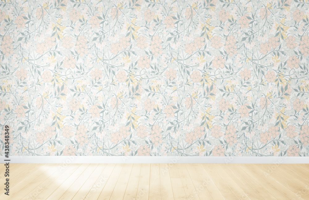 Floral wallpaper in an empty room with wooden floor