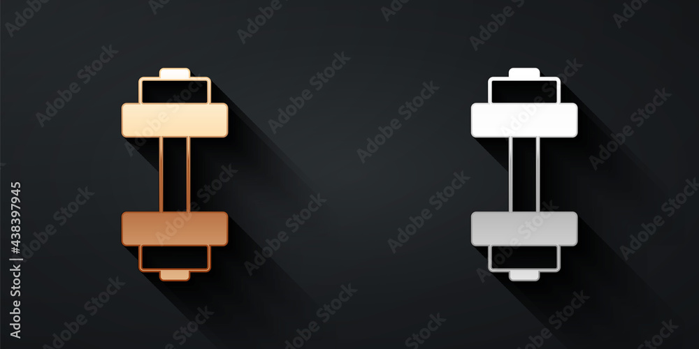 Gold and silver Dumbbell icon isolated on black background. Muscle lifting icon, fitness barbell, gy