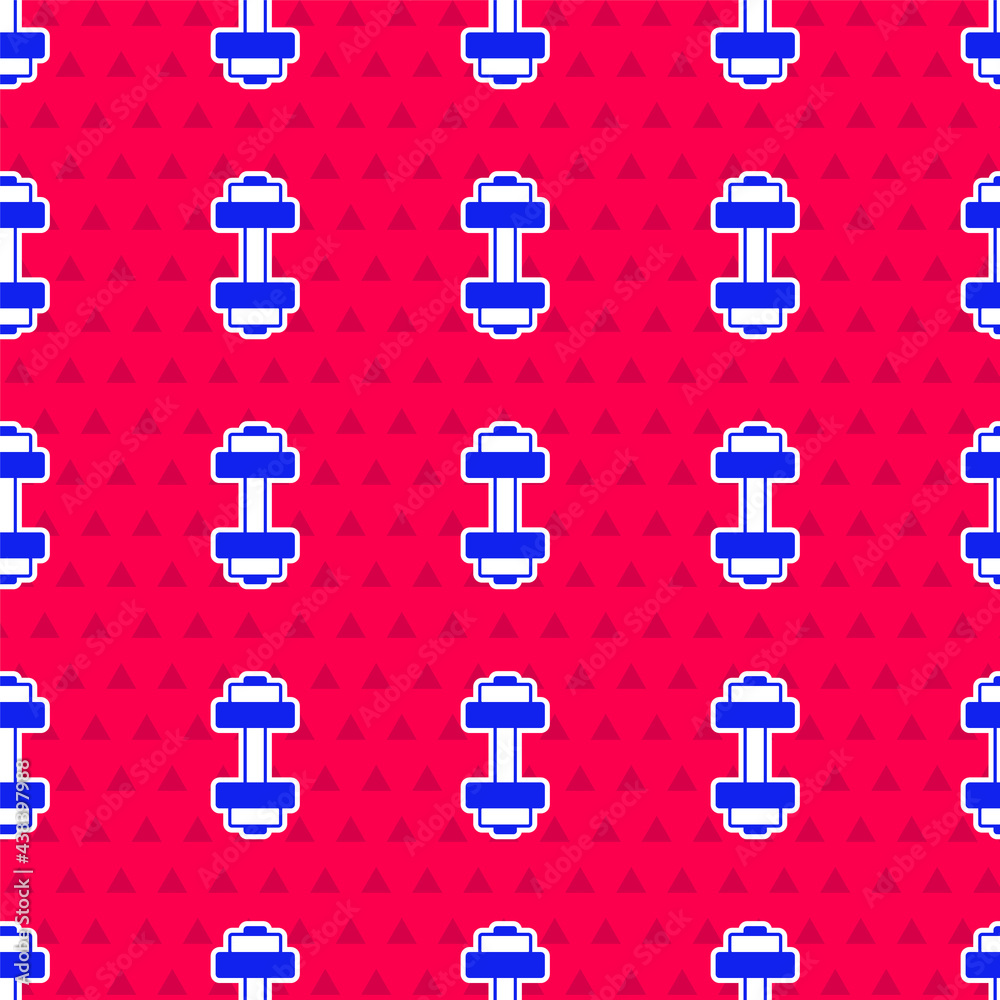 Blue Dumbbell icon isolated seamless pattern on red background. Muscle lifting icon, fitness barbell