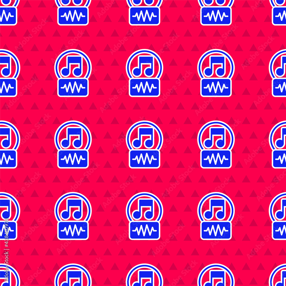 Blue Music note, tone icon isolated seamless pattern on red background. Vector