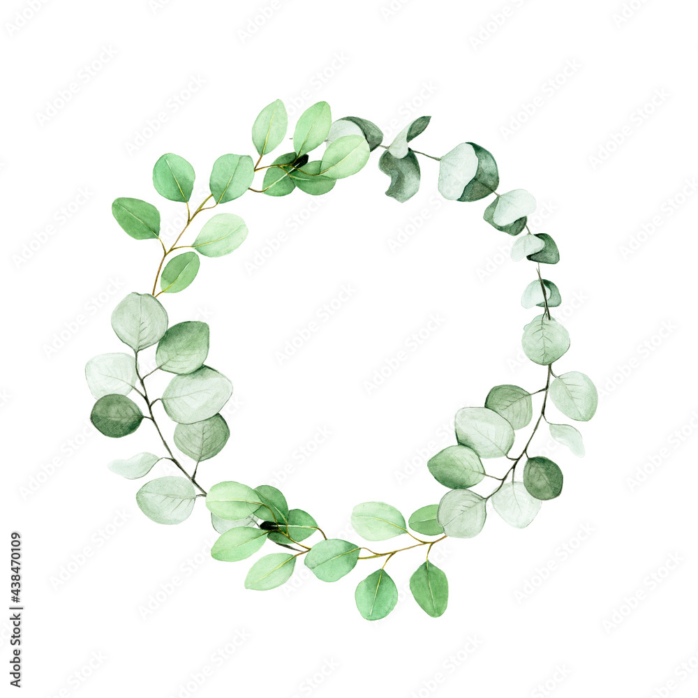 watercolor clipart, wreath of eucalyptus leaves. round frame made of eucalyptus leaves and branches 