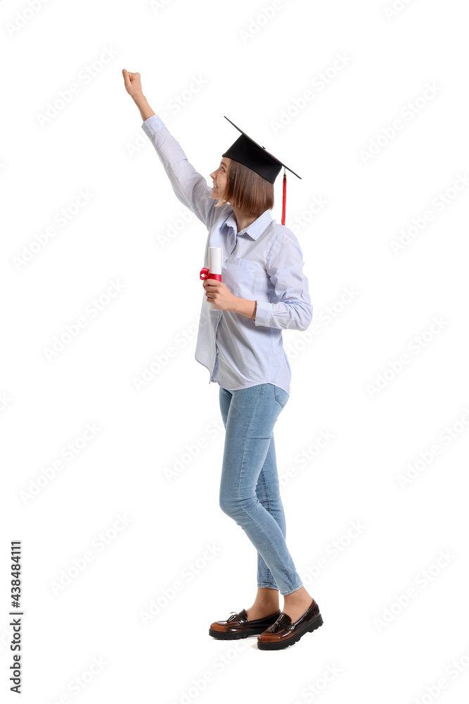 Female graduating student with diploma on white background