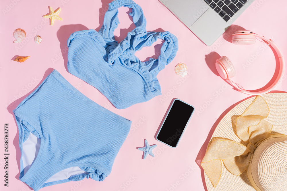 Blue bikini set on pink background