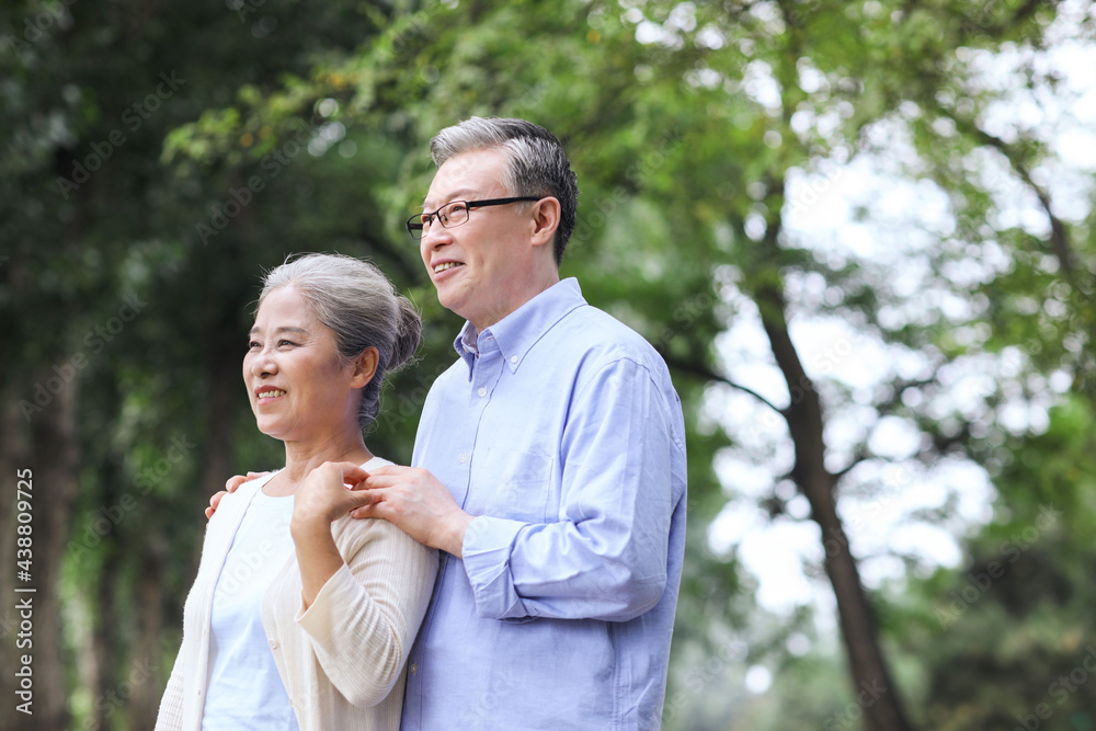 幸福的老夫妇在公园里散步