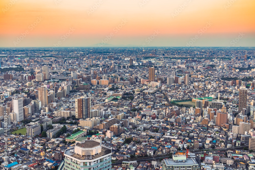 晴れた日の夕暮れの東京の街並み