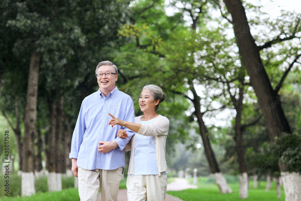 幸福的老夫妇在公园里散步