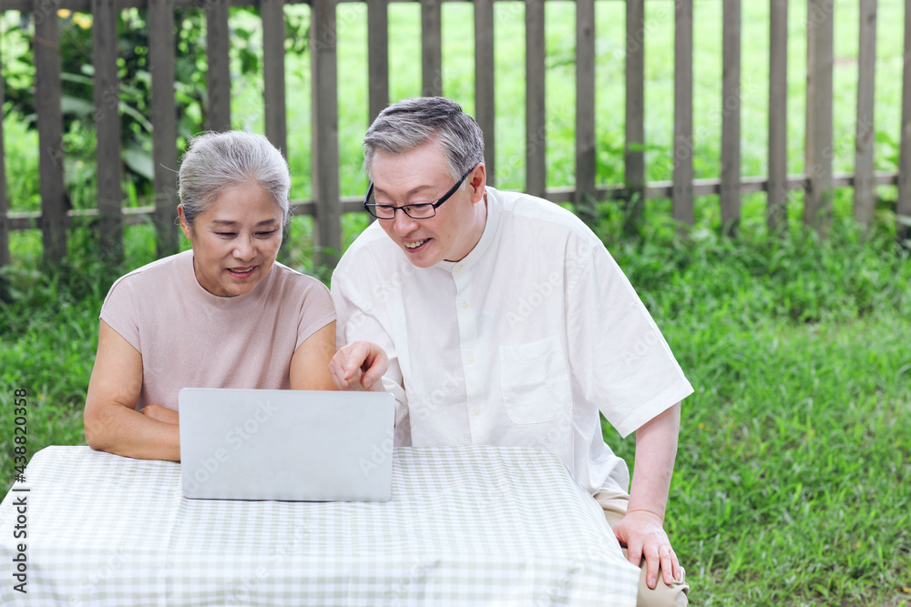 Happy old couple use computer to surf the Internet outdoors