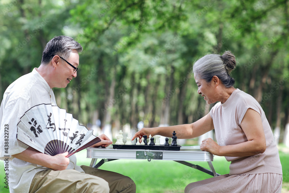 幸福的老夫妻在公园下棋