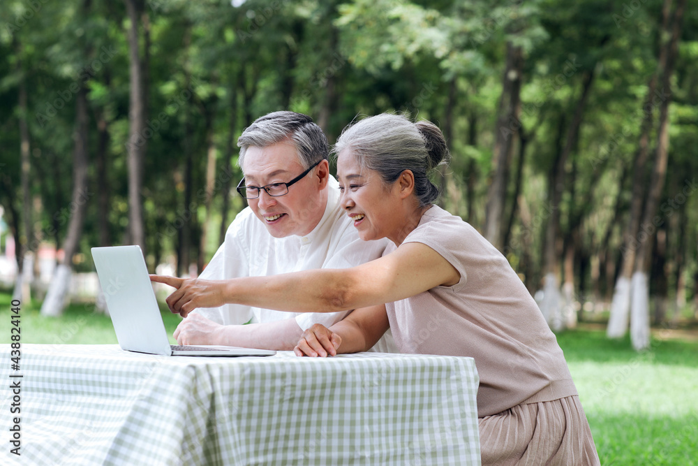 Happy old couple use computer to surf the Internet outdoors