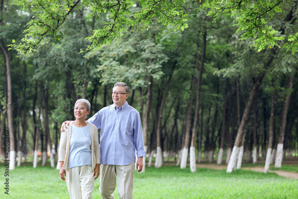 幸福的老夫妇在公园里散步