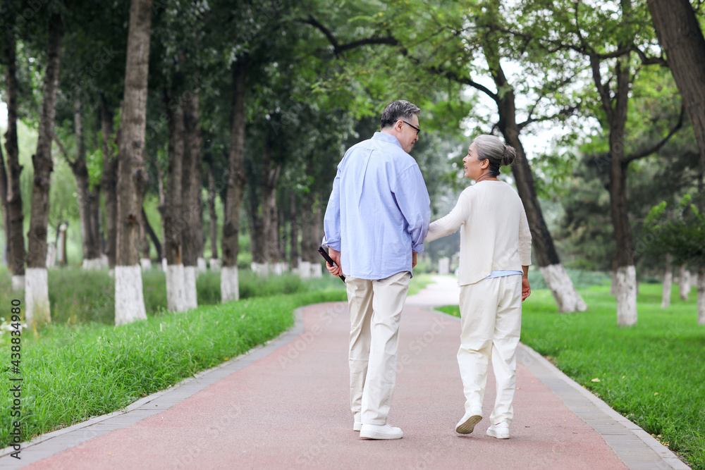 幸福的老夫妇在公园里散步