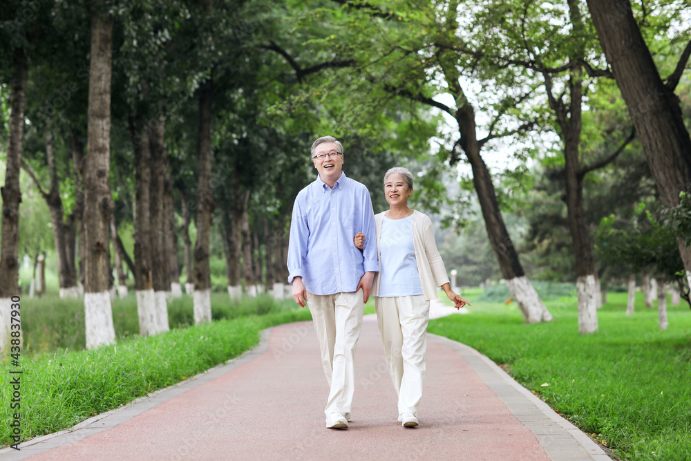 幸福的老夫妇在公园里散步