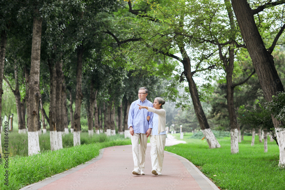 幸福的老夫妇在公园里散步